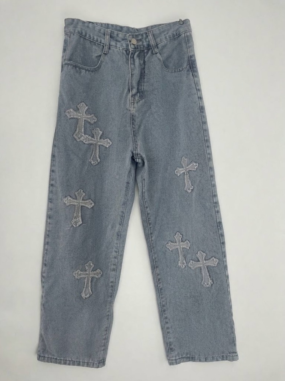Low Rise Baggy Wide Leg Cross Patch Light Blue wash Denim Jeans